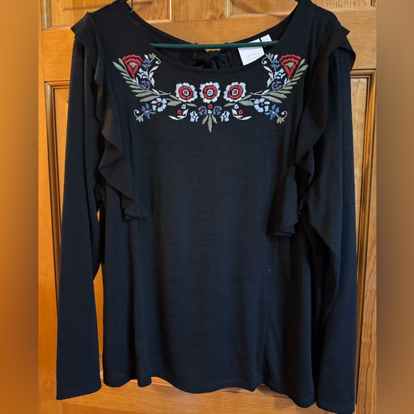 LC Lauren Conrad Sweaters - Lauren Conrad Women Black Sunshine Revival Embroidered Floral Neck Trim NEW XXL